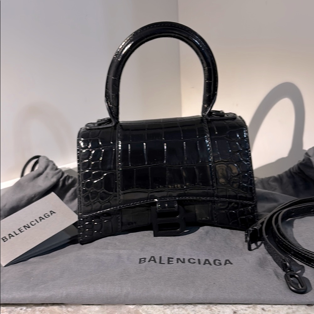 Balenciaga Hourglass XS Black Croc-Embossed Calfskin - Picture 2 of 14